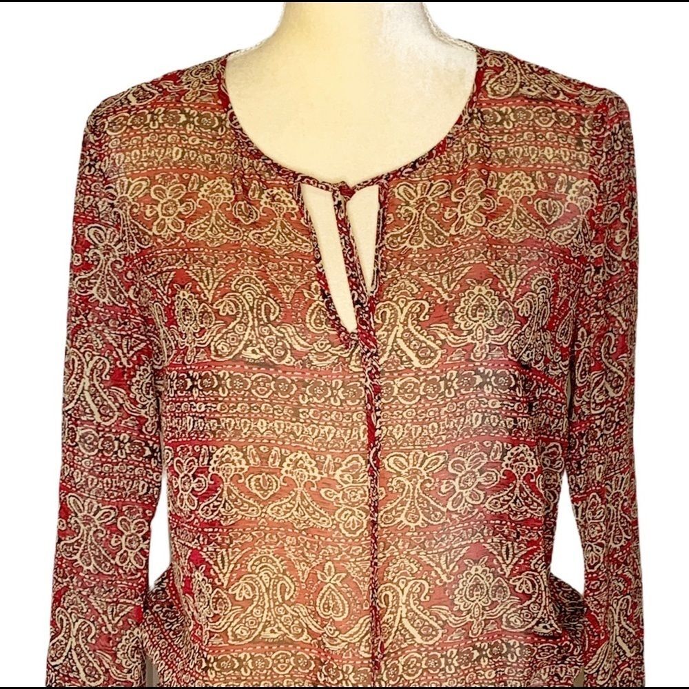 Womens Top Sheer Multicolored Henley V Neck Tie Large - Picture 4 of 6